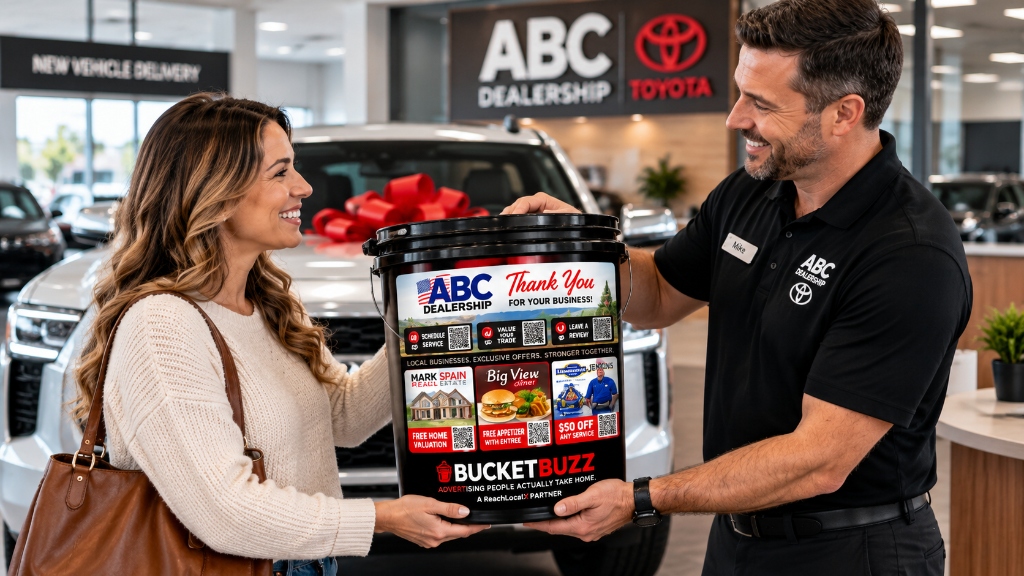 New vehicle delivery with salesperson handing customer keys and an authentic BucketBuzz branded bucket